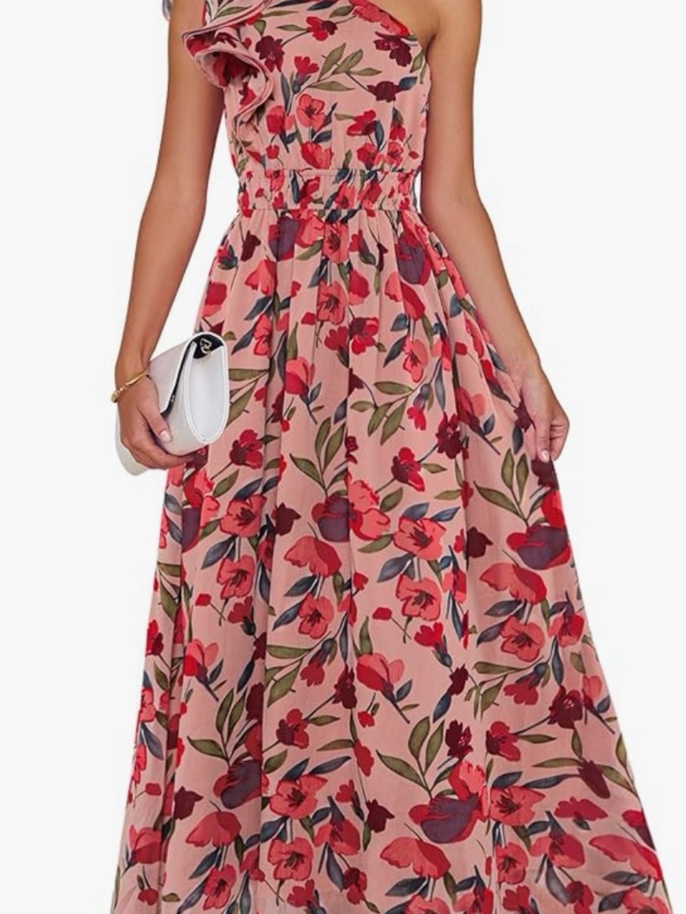 One-Shoulder Floral Maxi Dress in Blush Pink